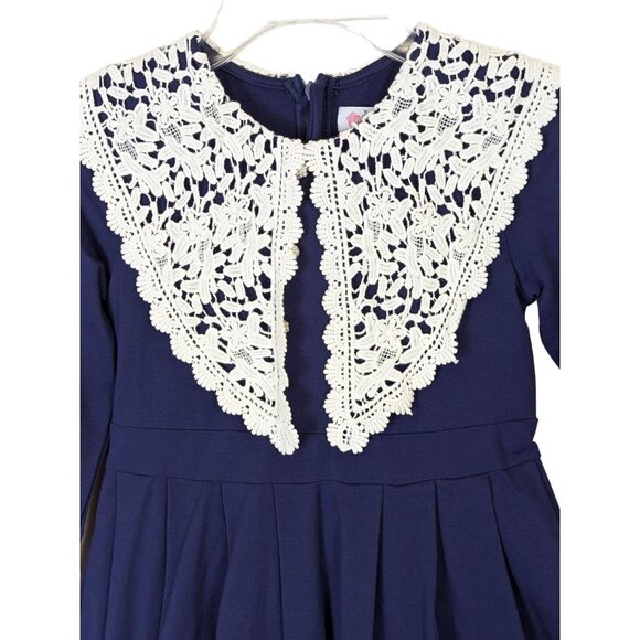 Happy Rose Girls size 10 Navy Cotton Knit Dress Crouched Lace Collar Stunning - Picture 2 of 14